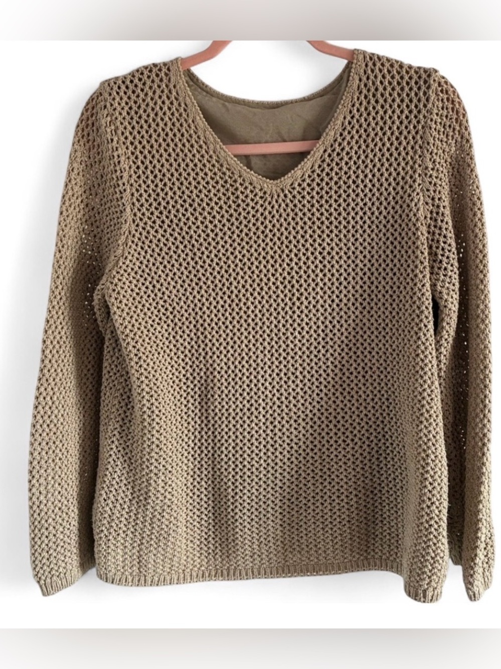 Open-Knit V-Neck Mesh V-neck Sweater in Beige/ Tan